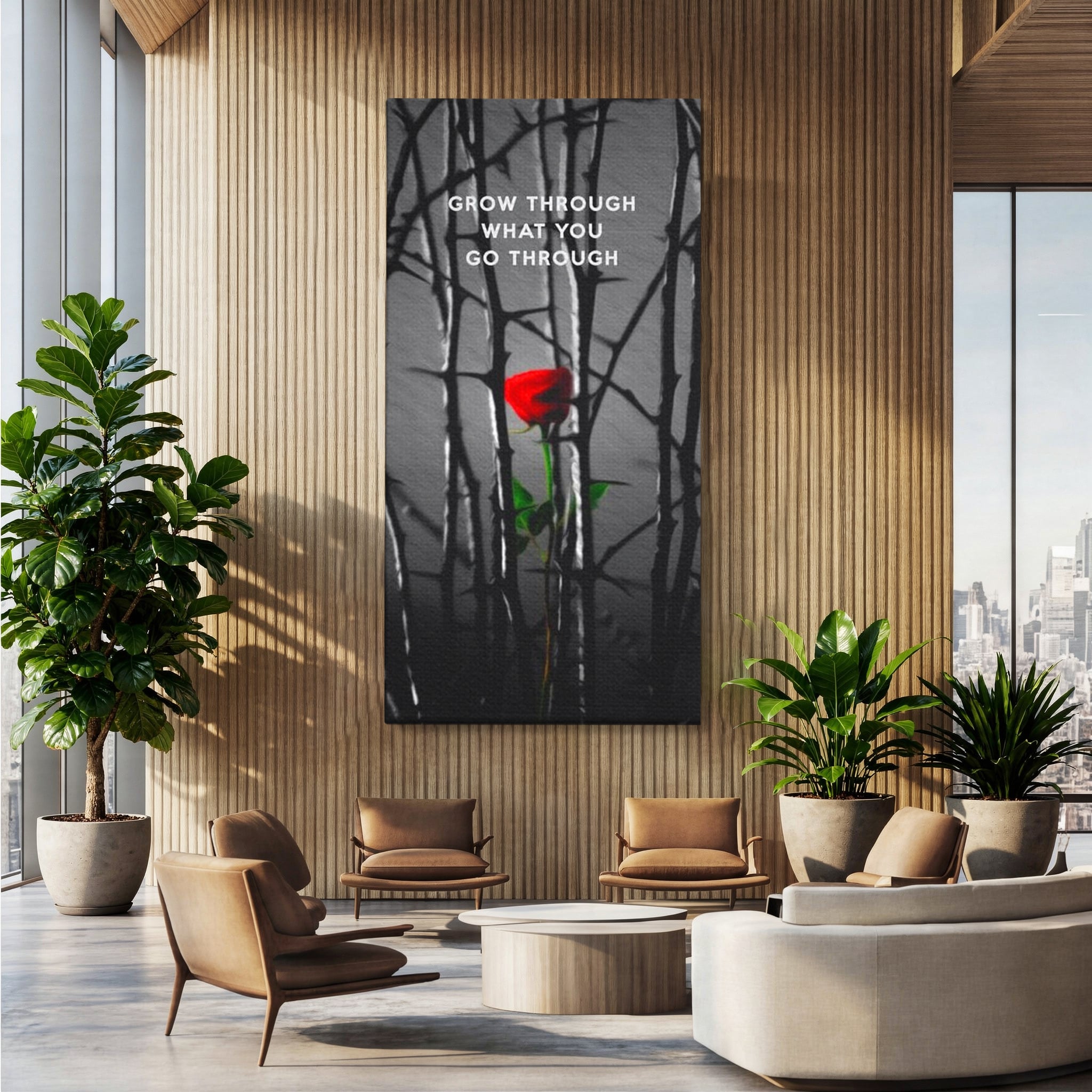 Tablou canvas cu tablou motivational cu trandafir rosu si spini, fara rama, pe sasiu de lemn, pe perete intr-un birou